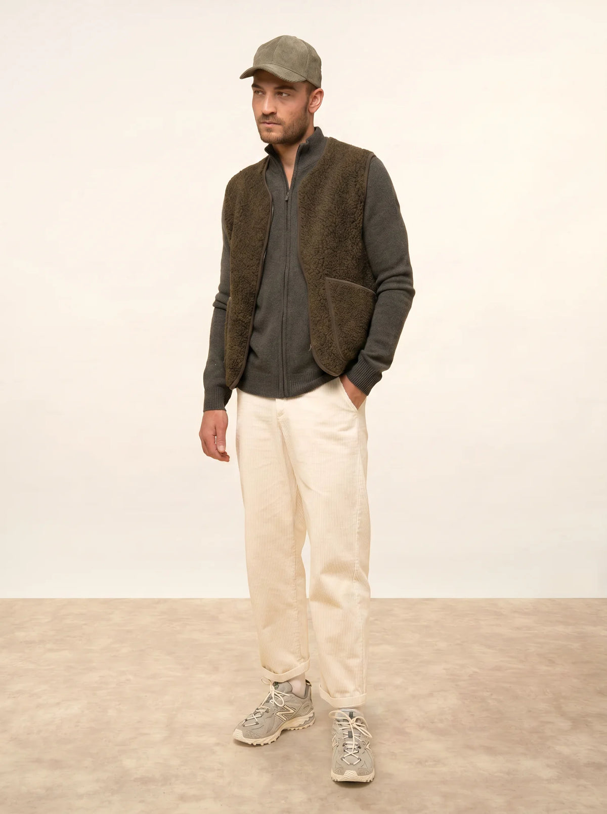 CHARLOTTE Gilet Zippé Col Camionneur 4 Fils Kaki Chiné