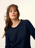 CHARLIE Sweater Mock Neck Ruffled Drop Back Navy