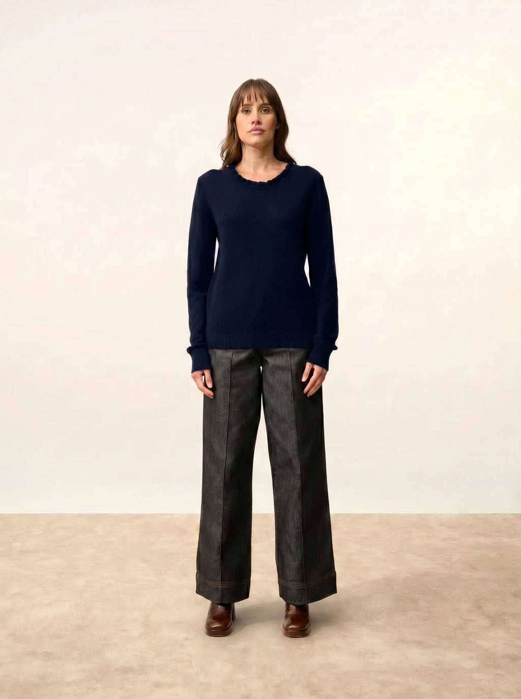 CHARLIE Sweater Mock Neck Ruffled Drop Back Navy