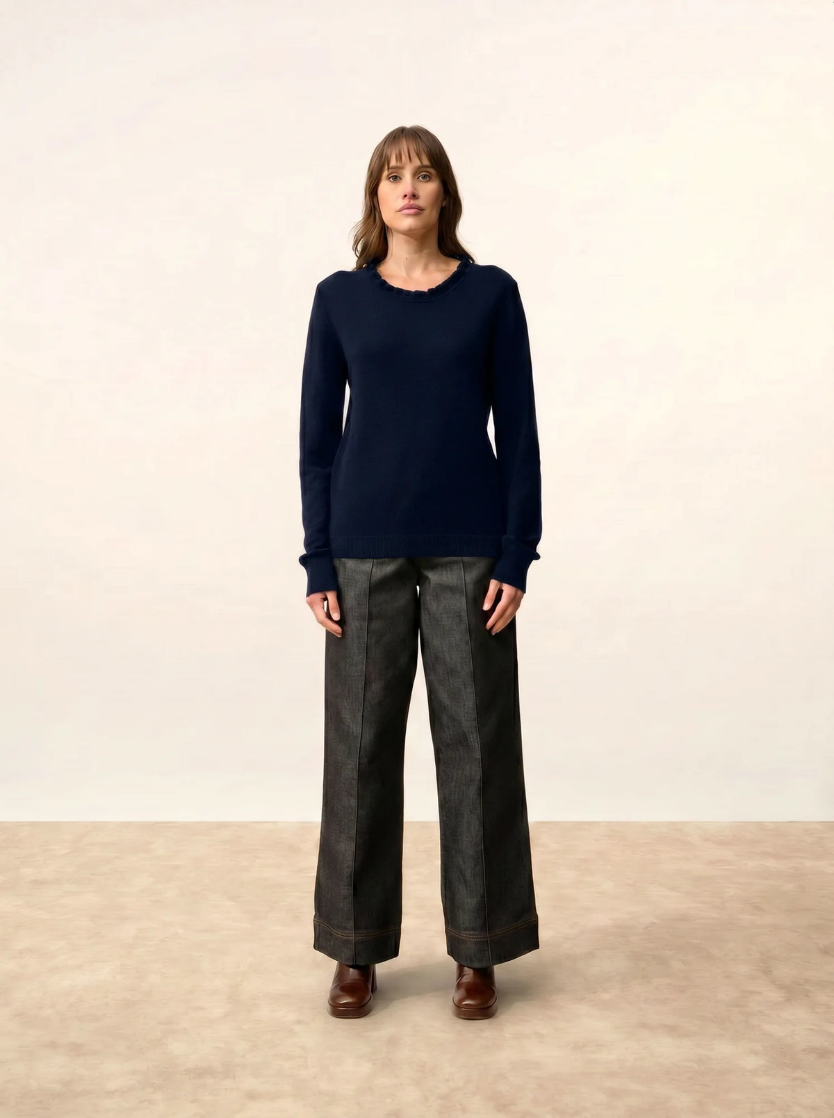 CHARLIE Sweater Mock Neck Ruffled Drop Back Navy