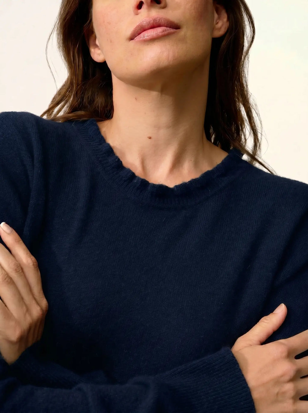 CHARLIE Sweater Mock Neck Ruffled Drop Back Navy