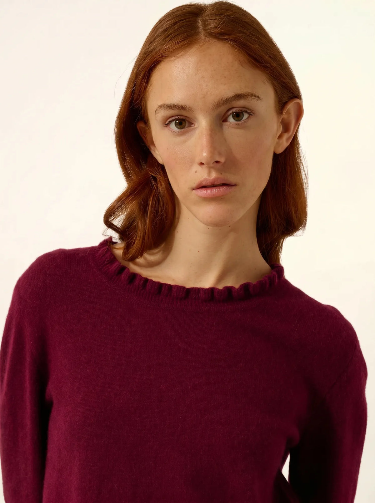 CHARLIE Sweater Mock Neck Ruffled Drop Back Burgundy