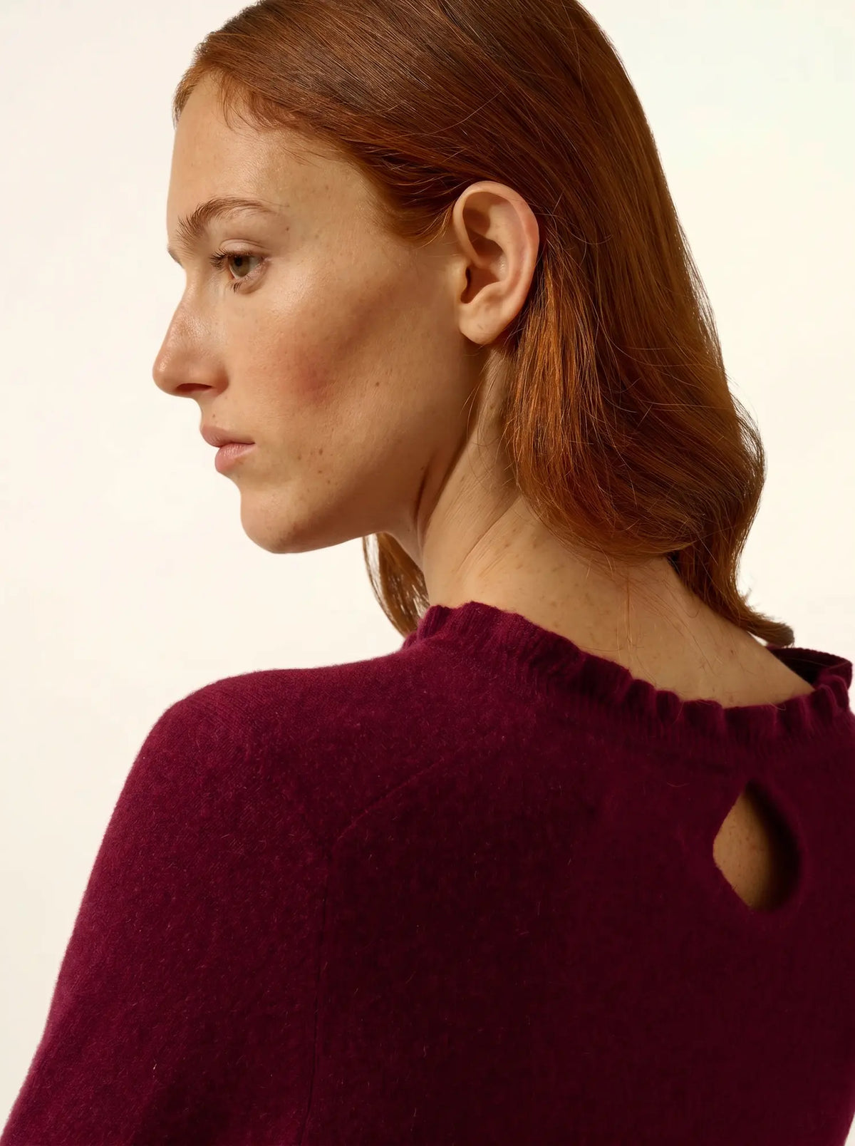 CHARLIE Sweater Mock Neck Ruffled Drop Back Burgundy