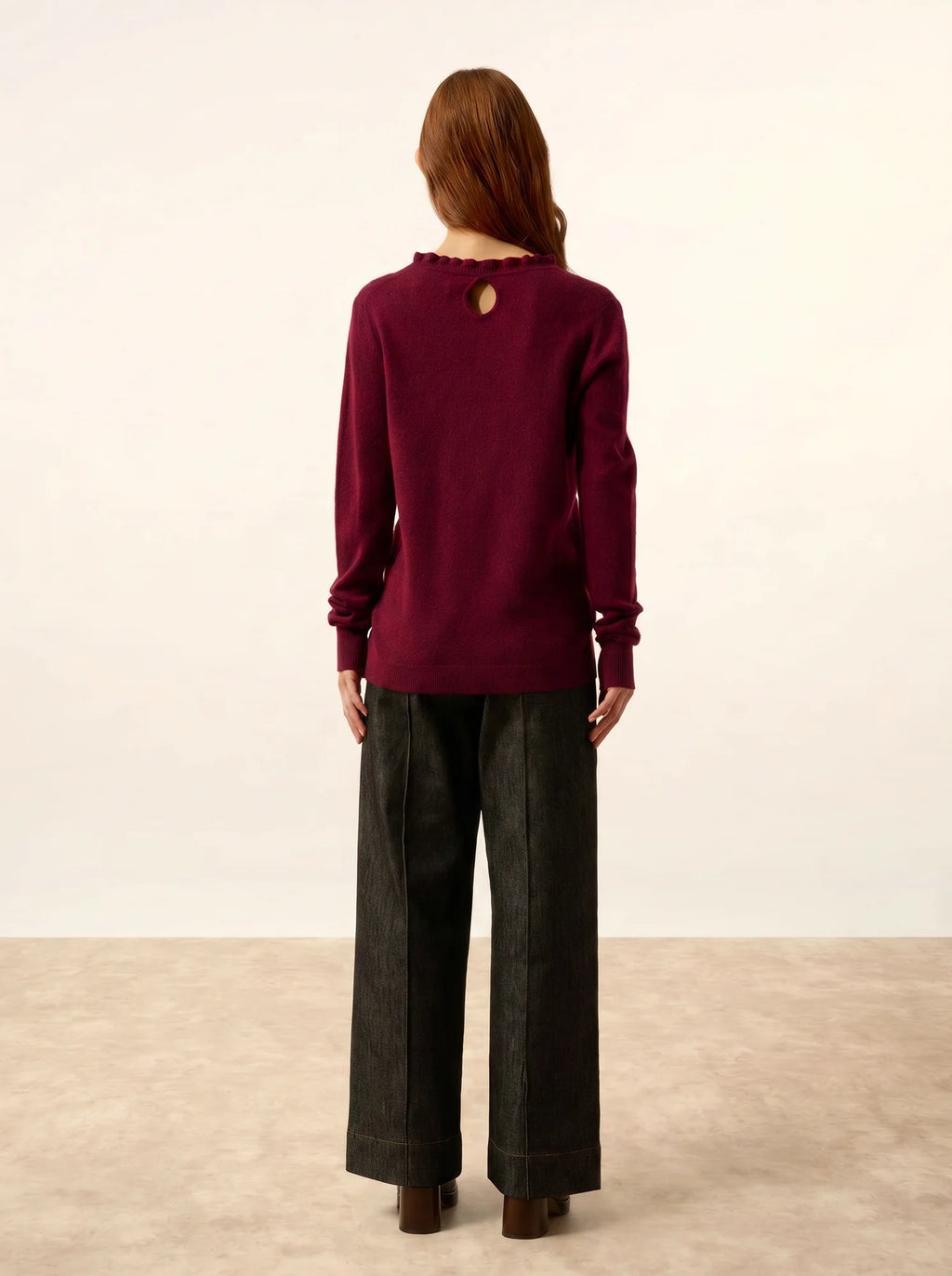 CHARLIE Sweater Mock Neck Ruffled Drop Back Burgundy