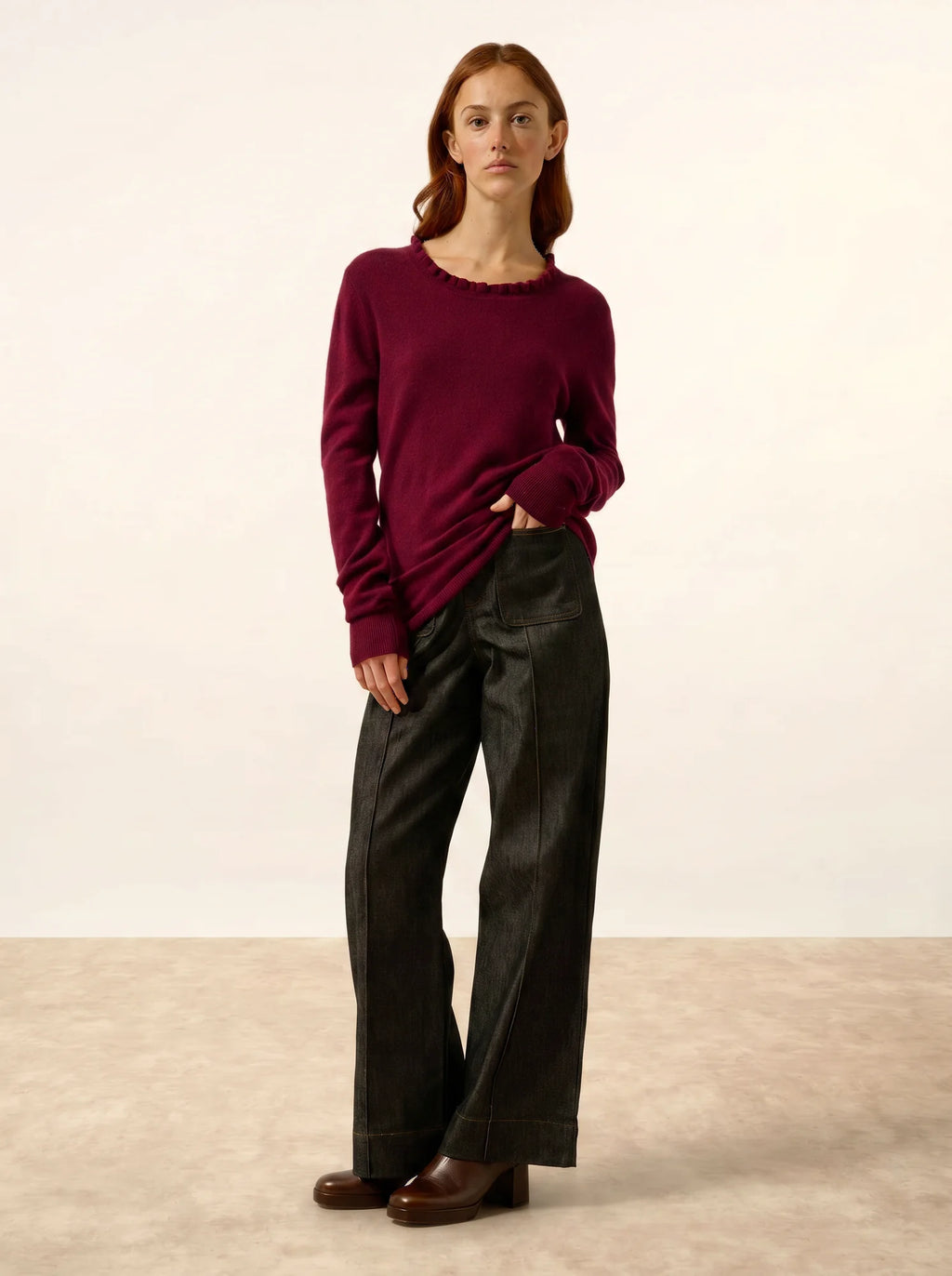 CHARLIE Sweater Mock Neck Ruffled Drop Back Burgundy