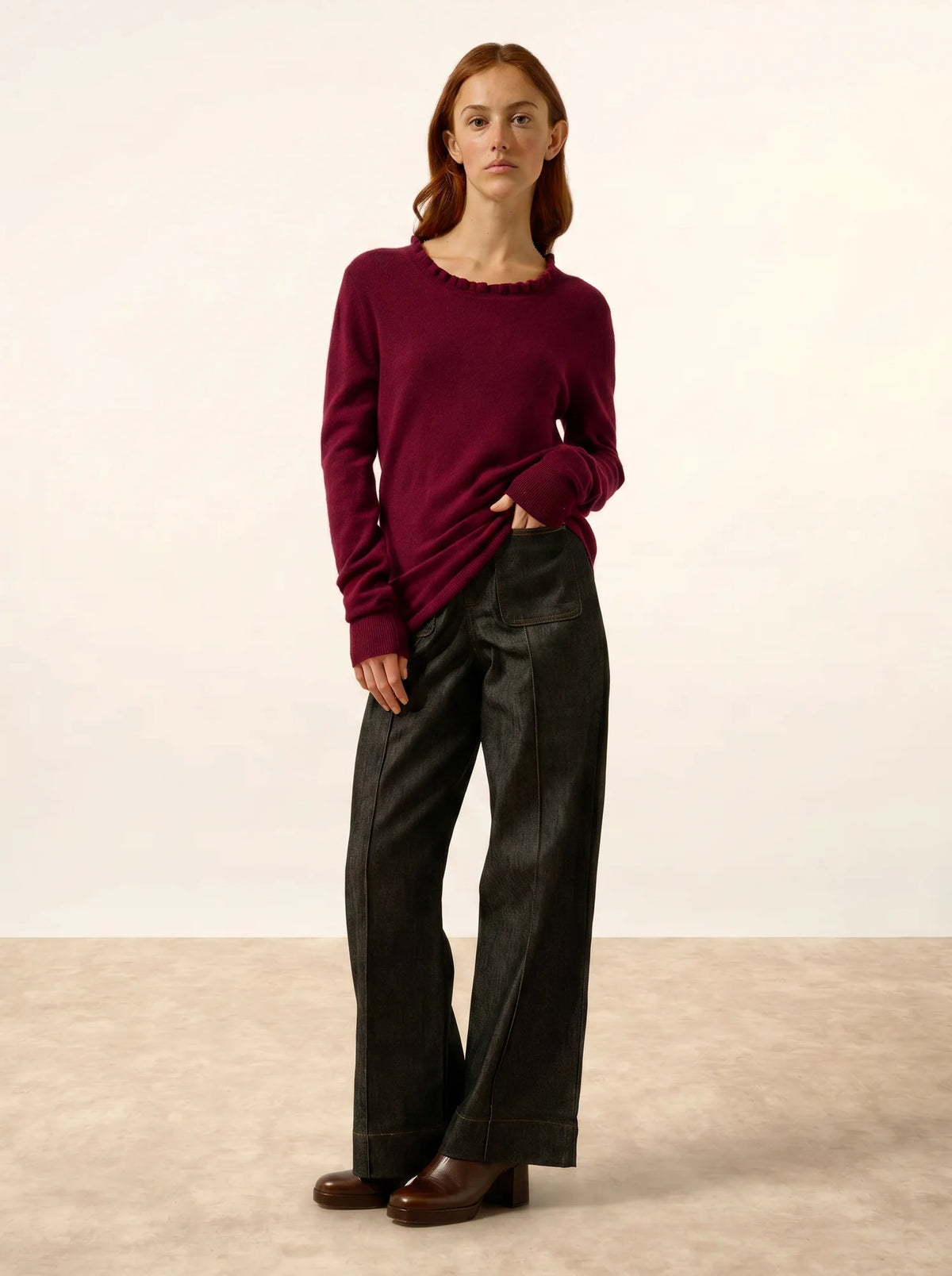 CHARLIE Sweater Mock Neck Ruffled Drop Back Burgundy