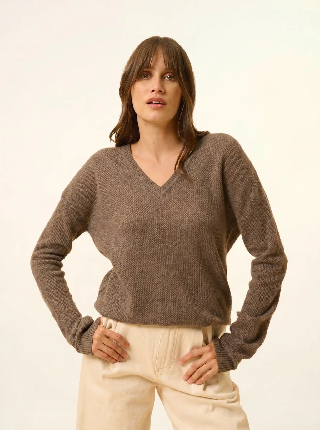 CAPUCINE Pull Col V Taupe Chiné