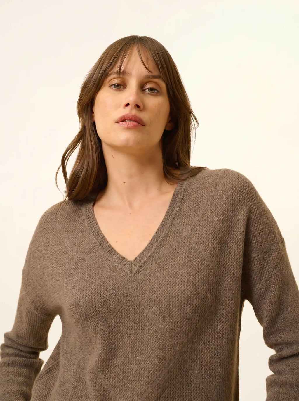 CAPUCINE Pull Col V Taupe Chiné
