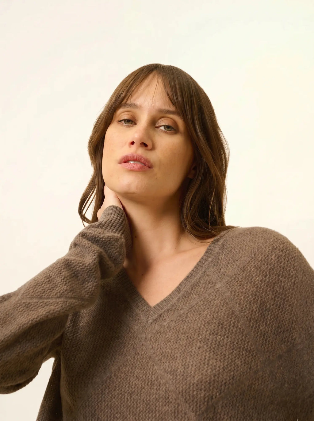 CAPUCINE Pull Col V Taupe Chiné