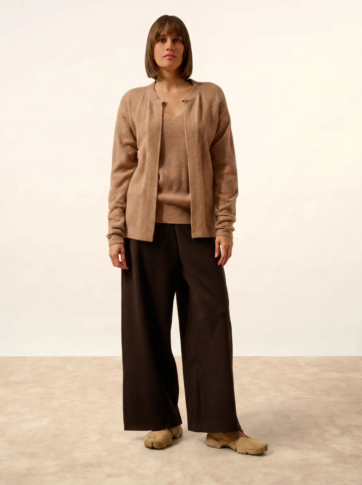 MYA Gilet Ouvert Col Rond Camel Chiné