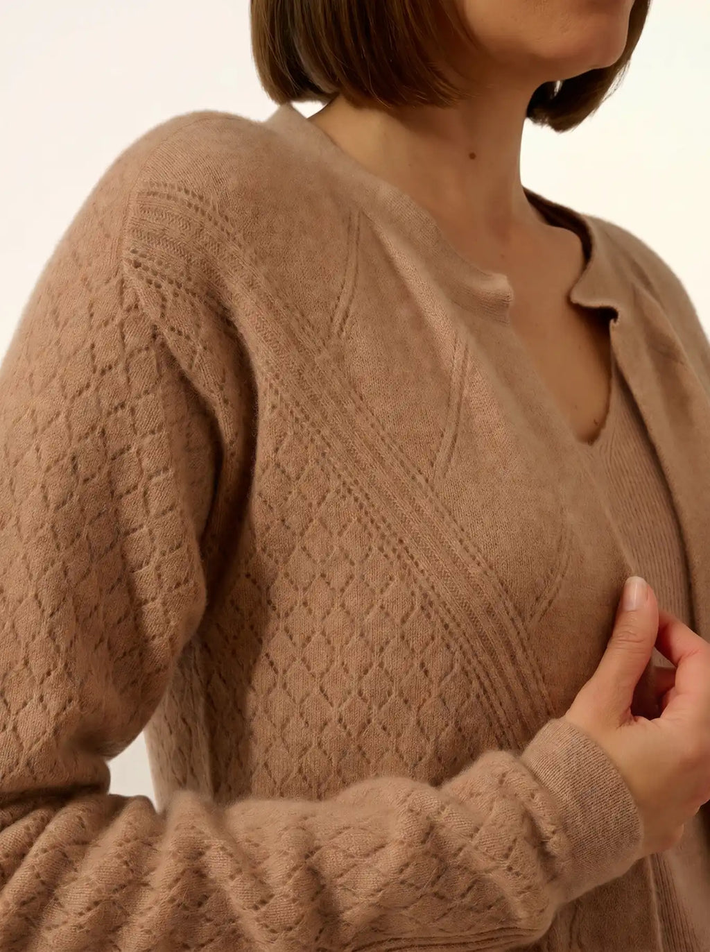 MYA Gilet Ouvert Col Rond Camel Chiné