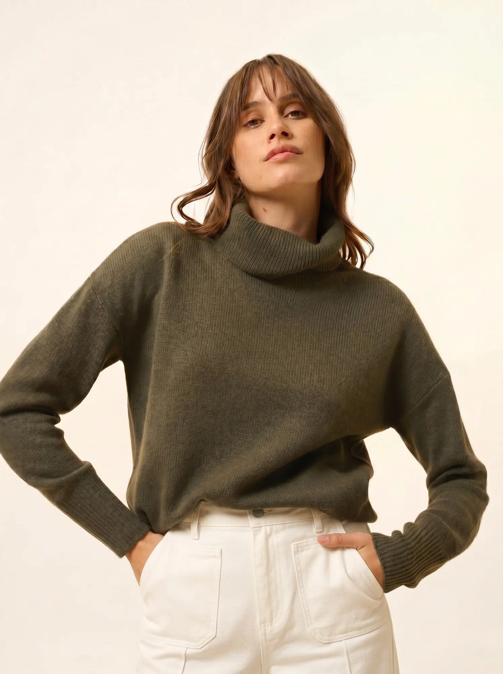 ROMANE Pull Col Roulé 4 Fils Kaki