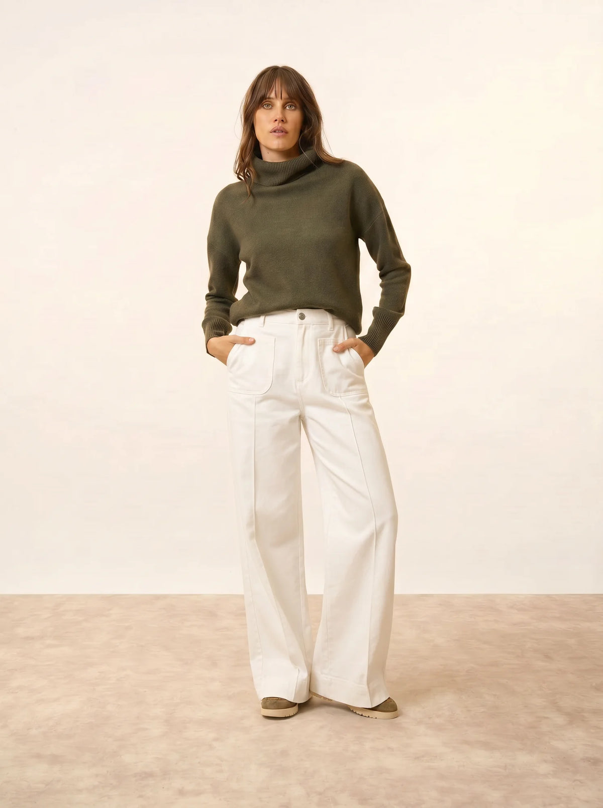ROMANE Pull Col Roulé 4 Fils Kaki