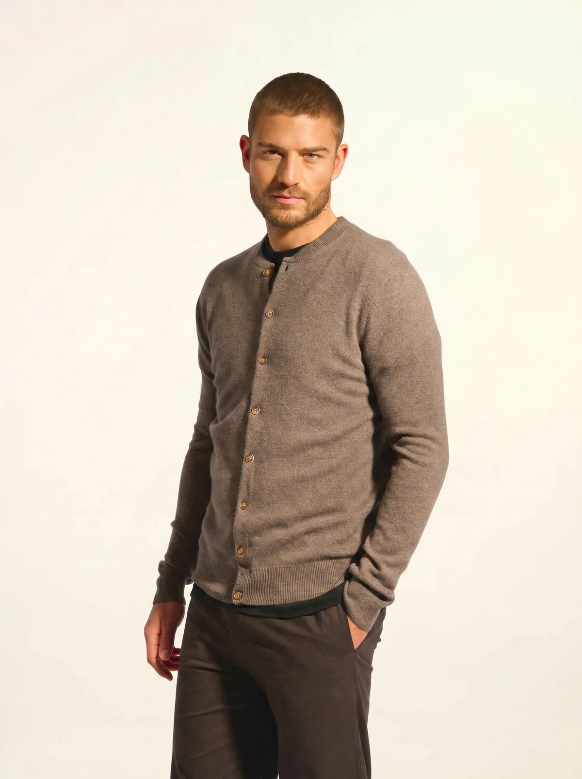 ANAIS Cardigan Col Rond Taupe Chiné