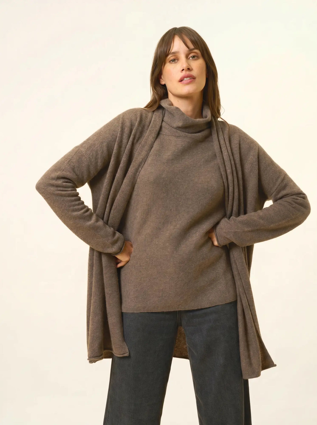 MADDIE Jacket Long Open Shawl Collar Heather Taupe