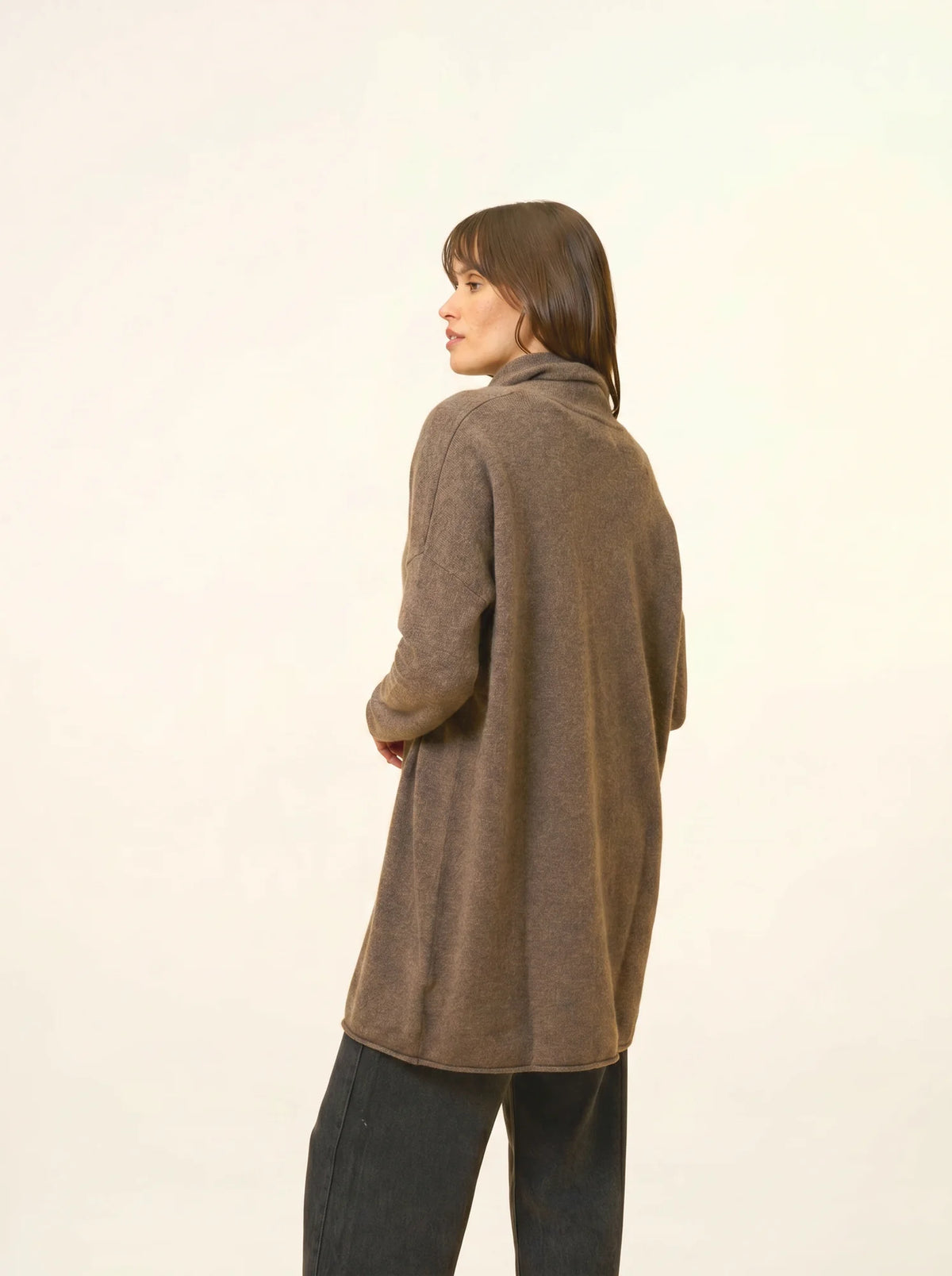 MADDIE Jacket Long Open Shawl Collar Heather Taupe