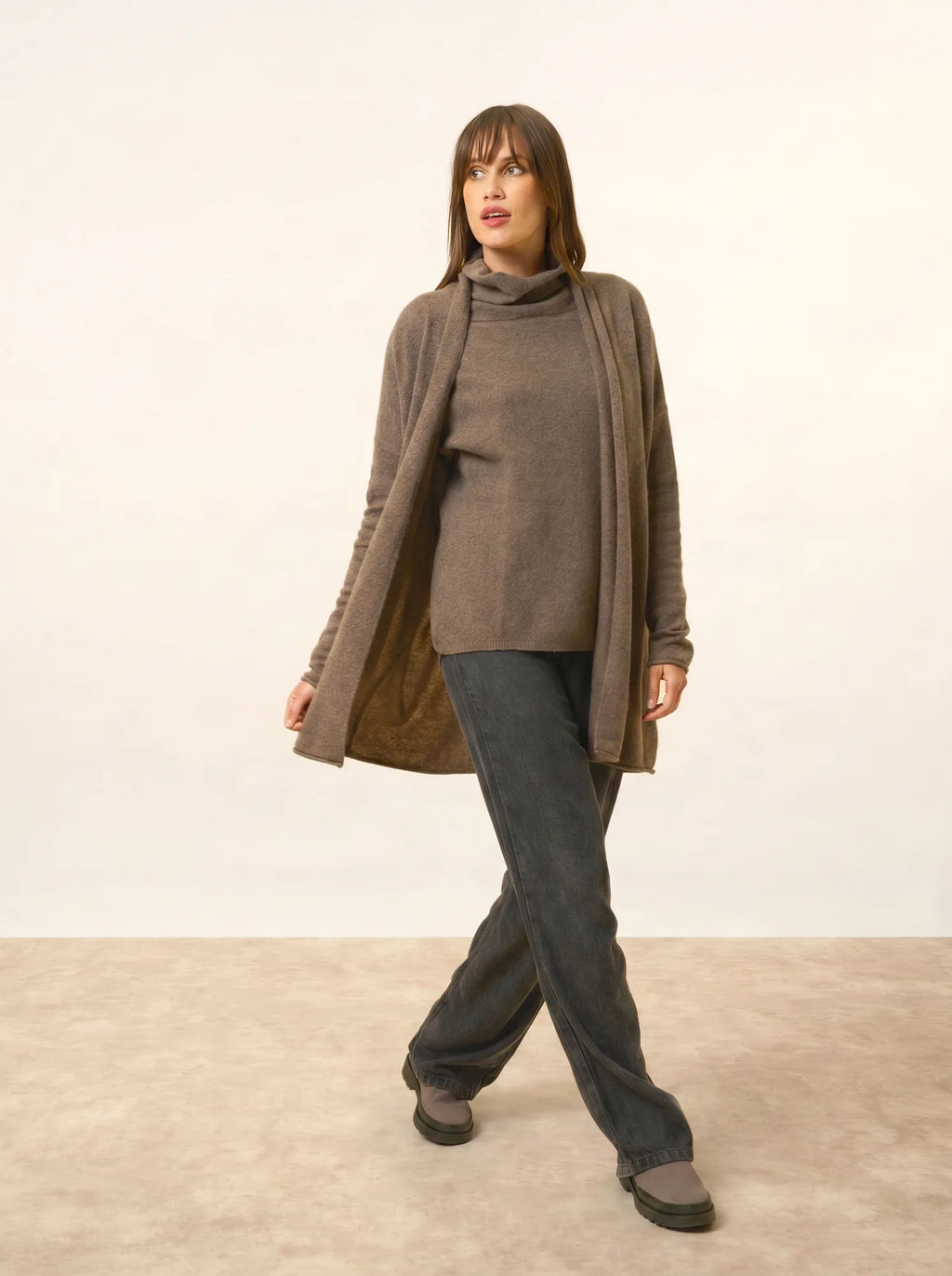 MADDIE Jacket Long Open Shawl Collar Heather Taupe