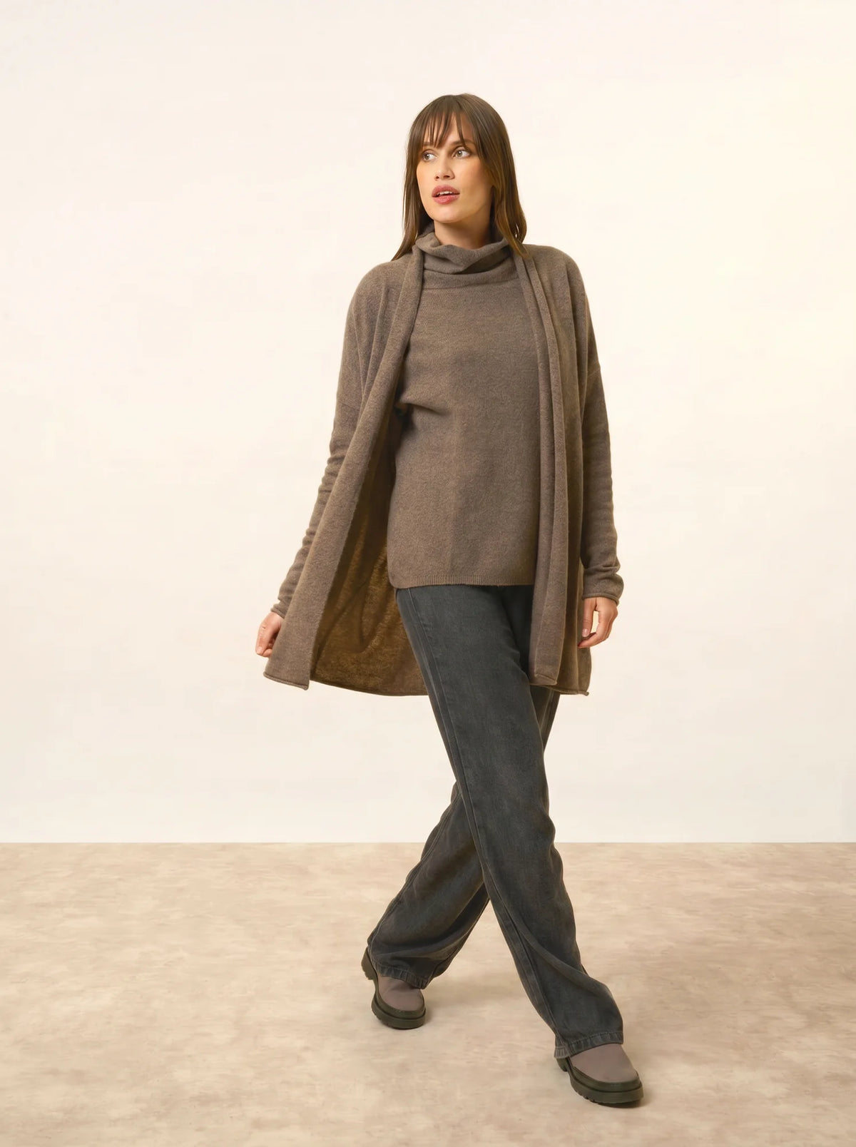 MADDIE Jacket Long Open Shawl Collar Heather Taupe