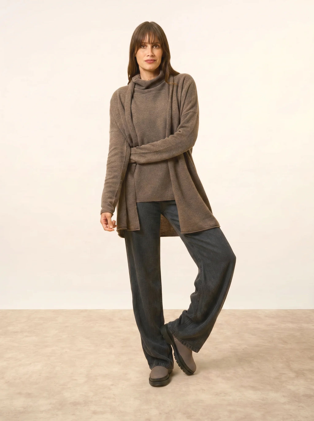 MADDIE Jacket Long Open Shawl Collar Heather Taupe