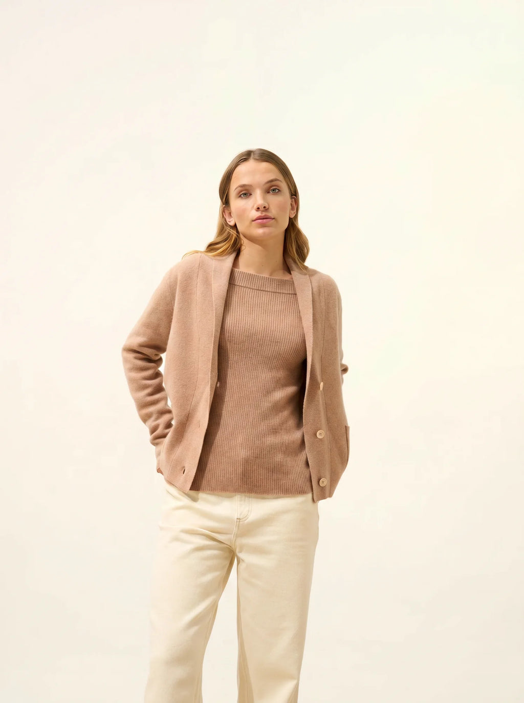 MILA Jacke geknöpft Schalkragen Camel meliert