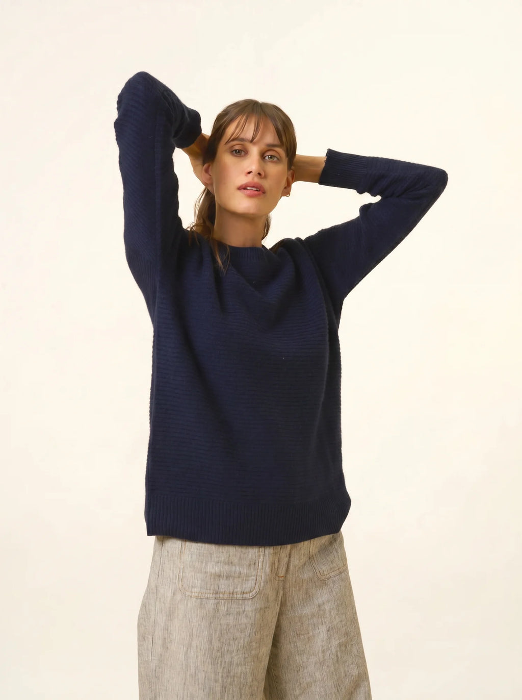 LOUNA Pull Col Rond 4 Fils Bleu Marine