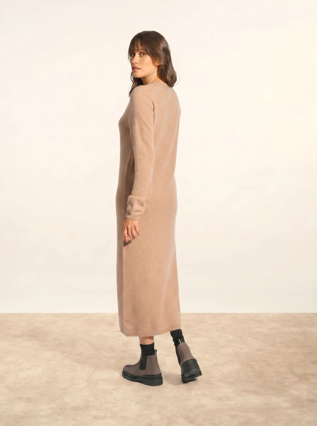 LINA Robe Col Rond Camel Chiné