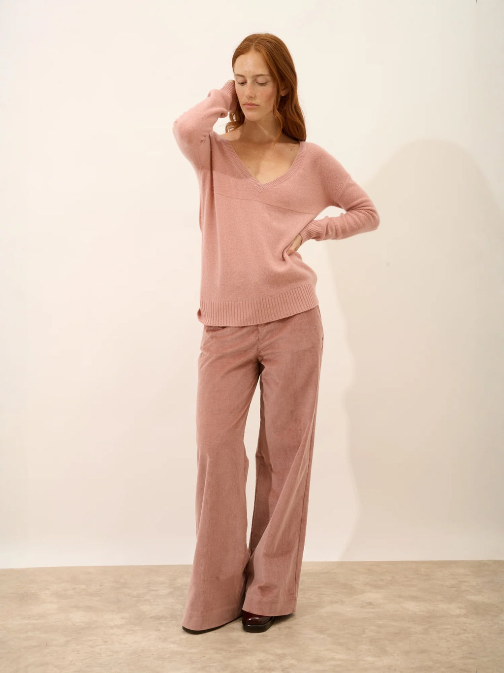 CASSIE Pull Col V 4 Fils Bois de Rose