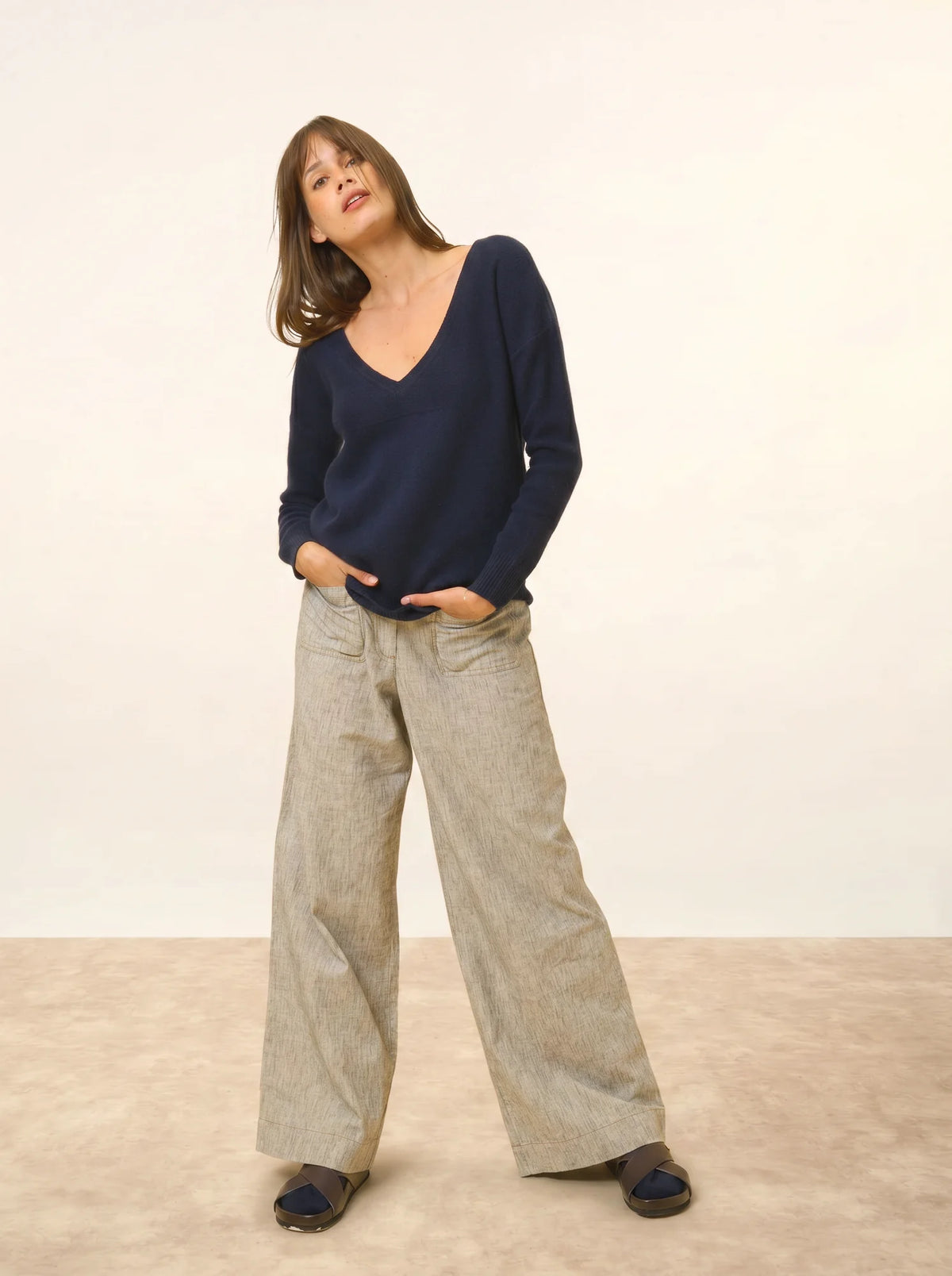 CASSIE Pull Col V 4 Fils Bleu Marine