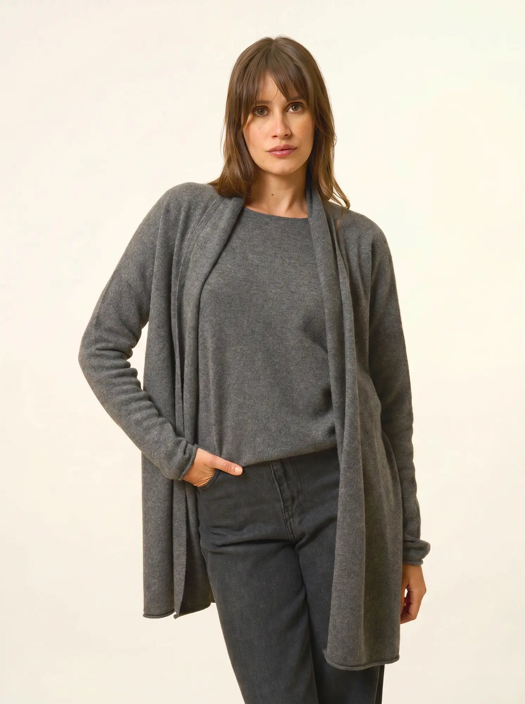 MADDIE Lange Jacke offen Schalkragen Anthrazit meliert