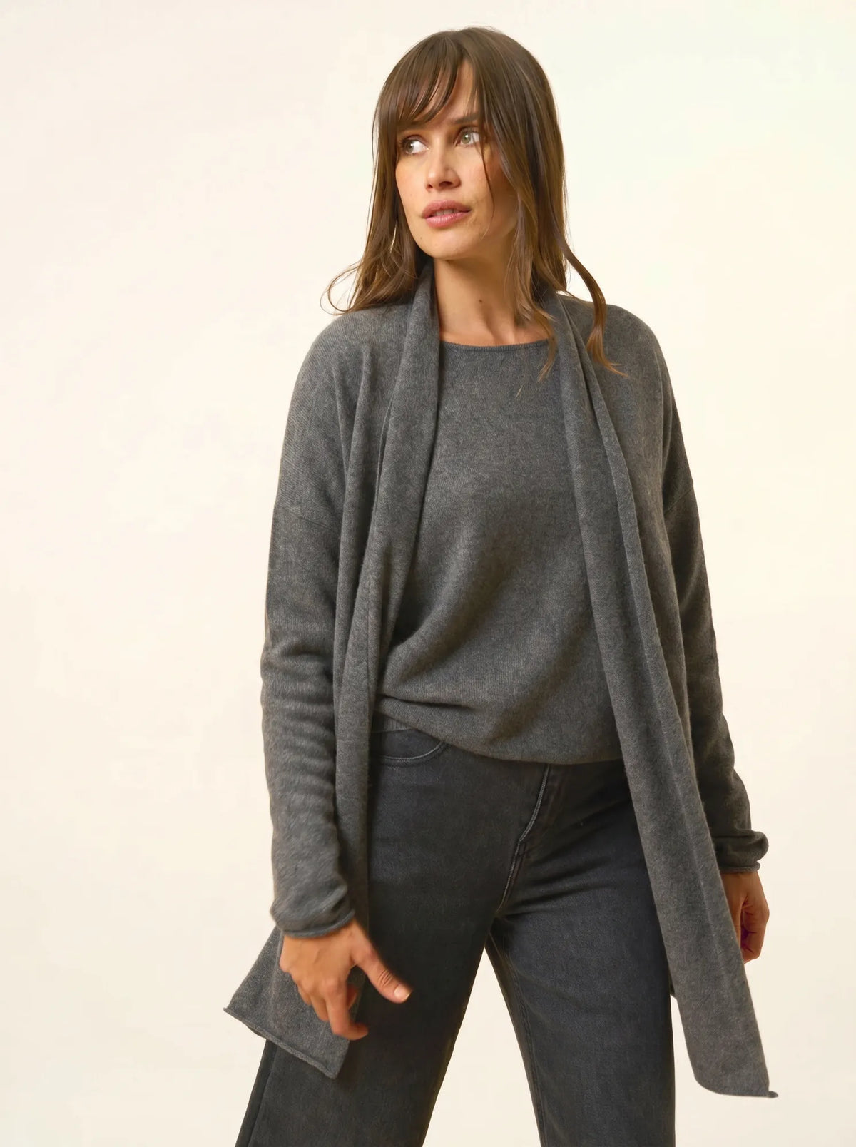 MADDIE Lange Jacke offen Schalkragen Anthrazit meliert