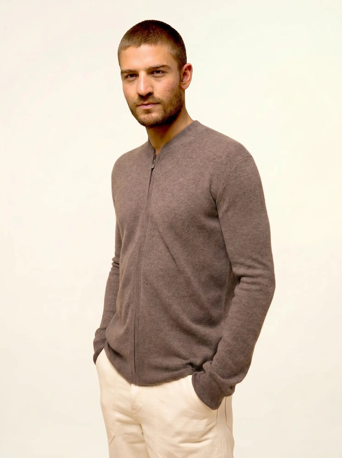 POLNOON Gilet Zippé Col Mao Taupe Chiné