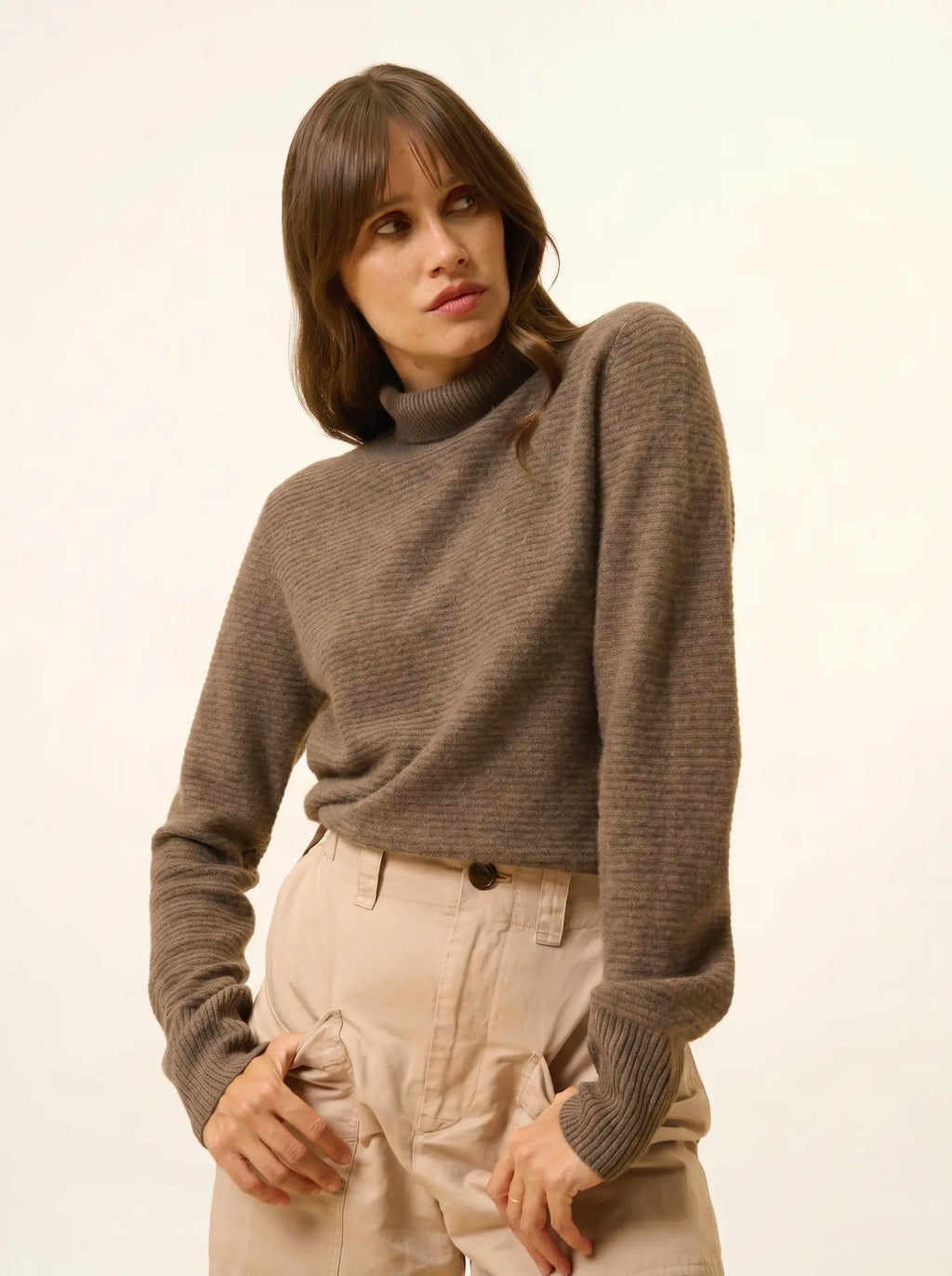 UDNY Pull Col Roulé Taupe Chiné