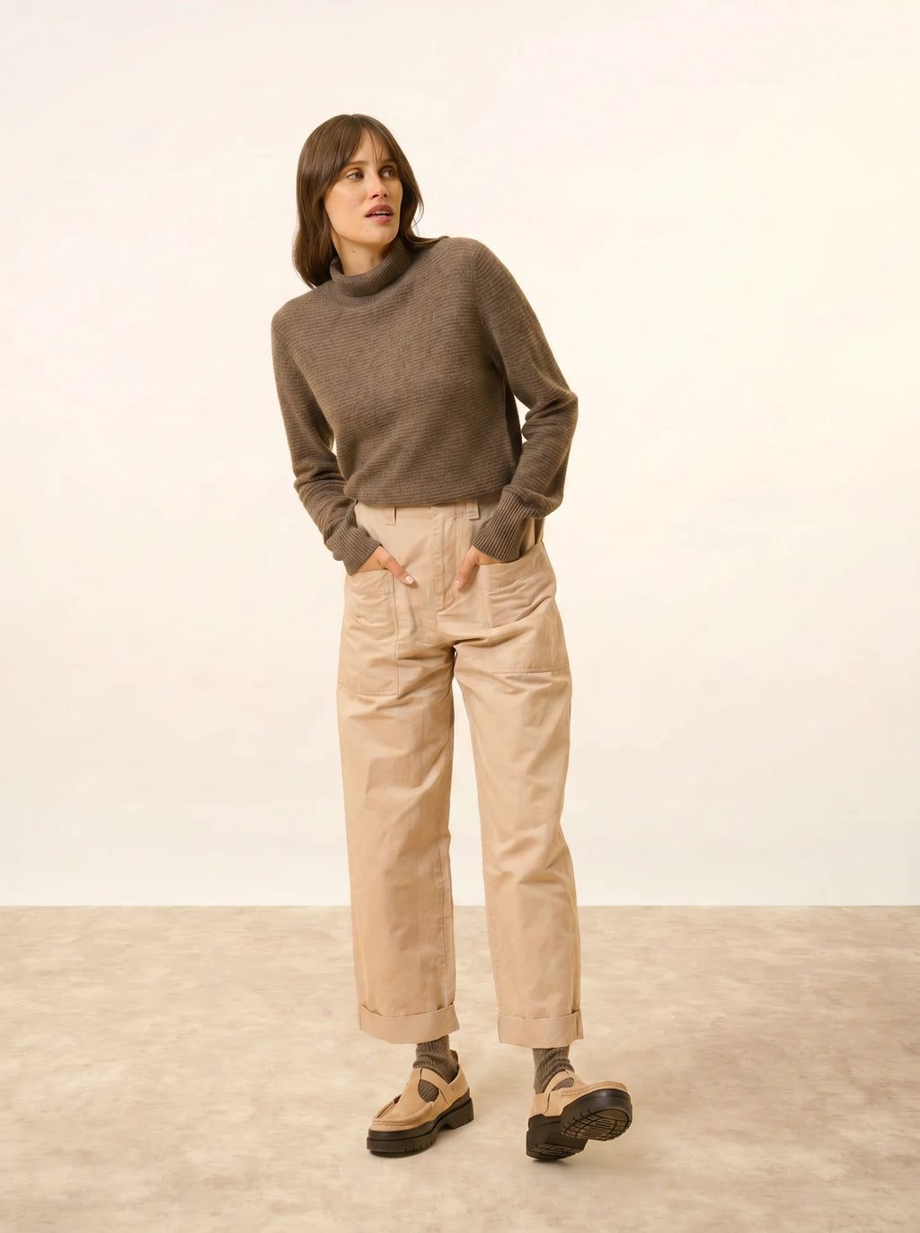 UDNY Pull Col Roulé Taupe Chiné