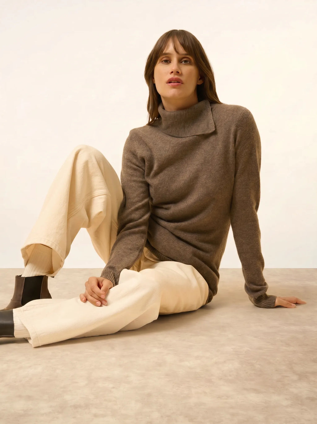 DUNDEE Pull Col Roulé Boutonné Taupe Chiné