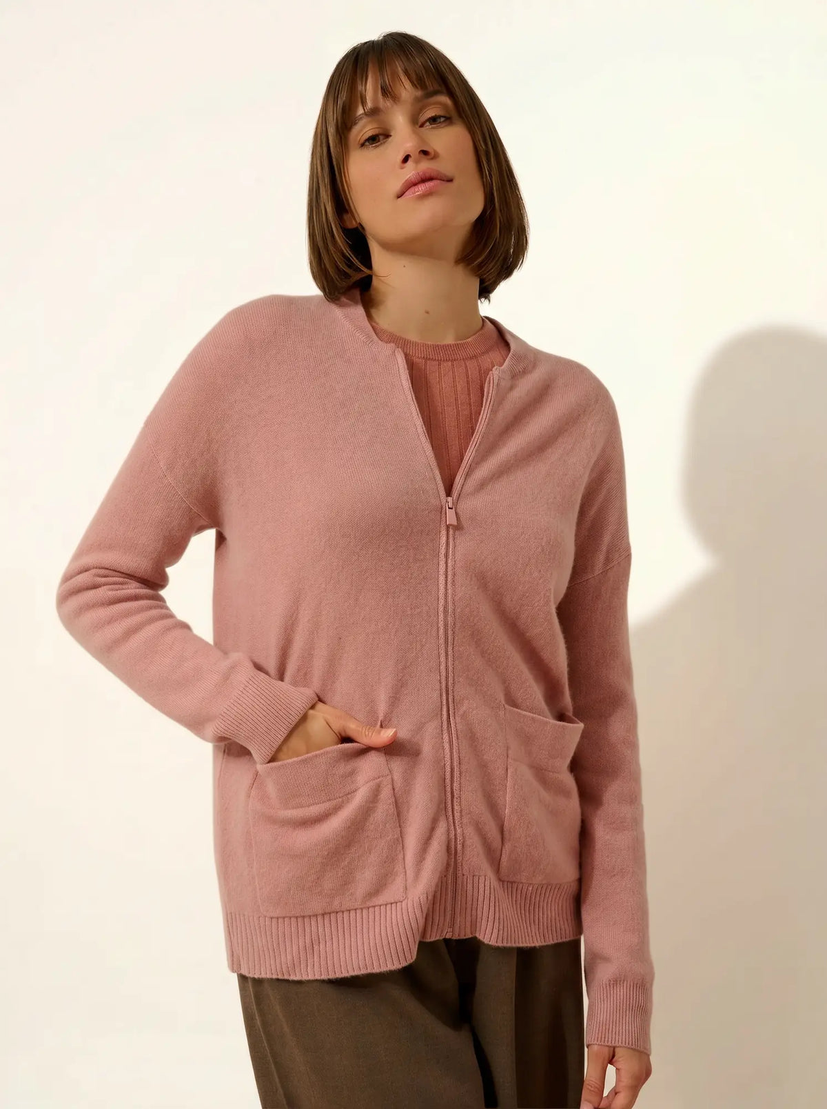 ERVIE Gilet Zippé Col Mao Bois de Rose