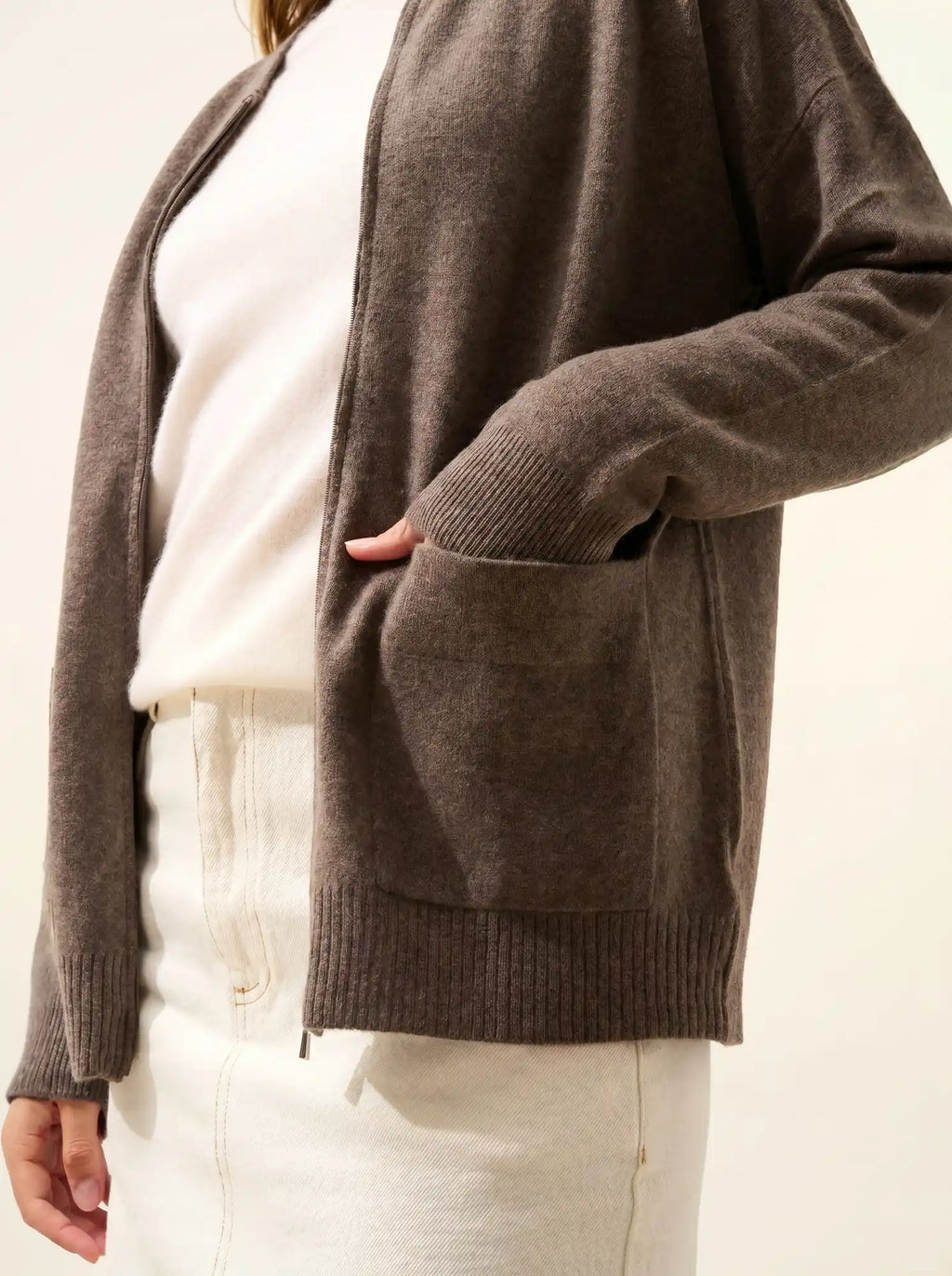 ERVIE Gilet Zippé Col Mao Taupe Chiné