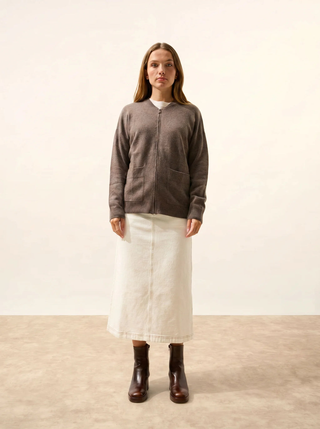 ERVIE Gilet Zippé Col Mao Taupe Chiné