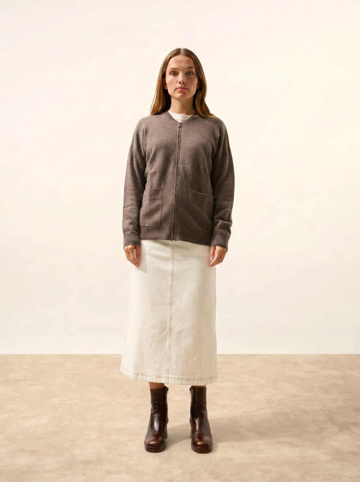 ERVIE Gilet Zippé Col Mao Taupe Chiné