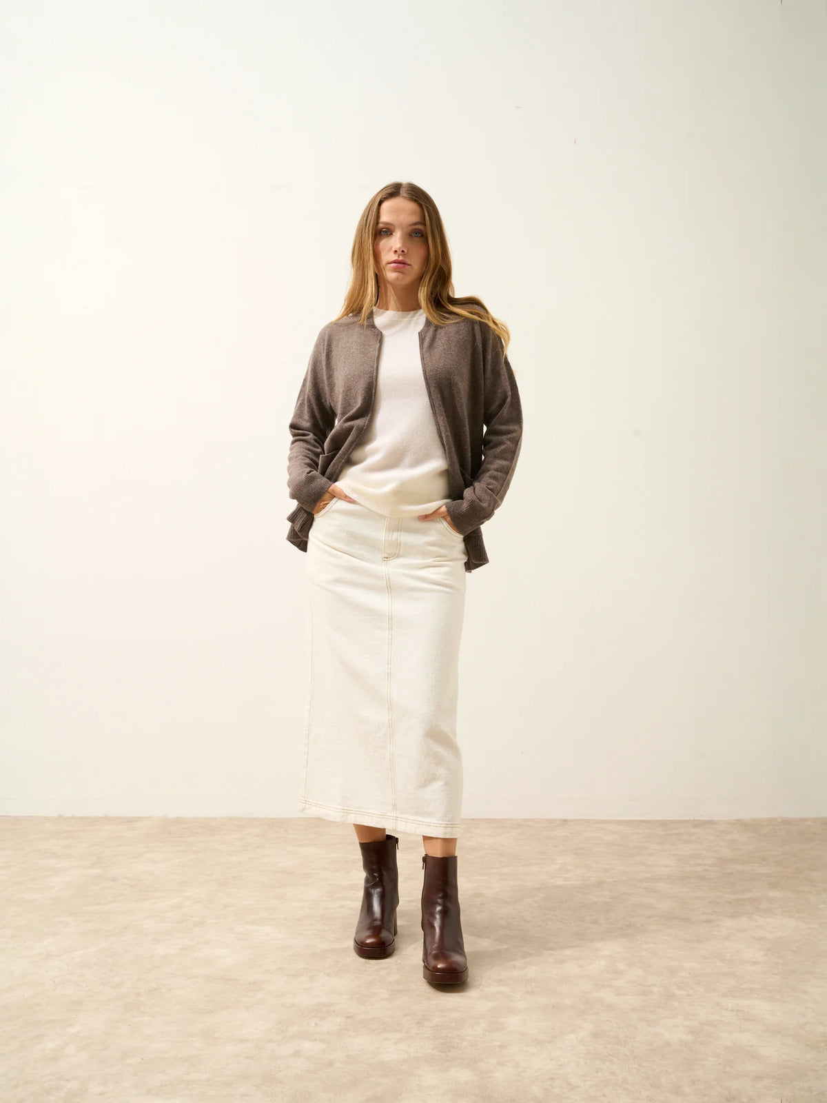 ERVIE Gilet Zippé Col Mao Taupe Chiné