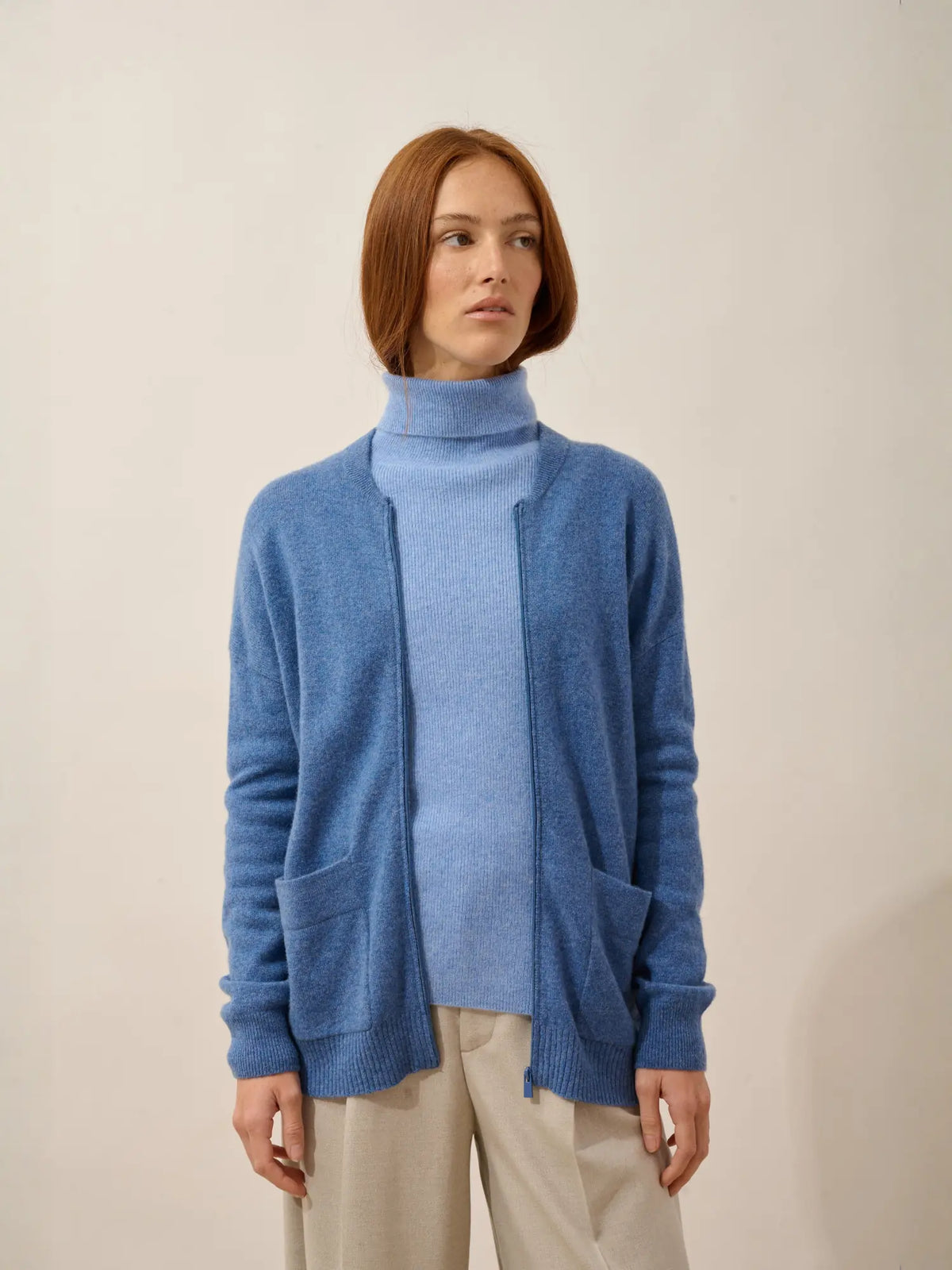 ERVIE Gilet Zippé Col Mao Bleu Denim