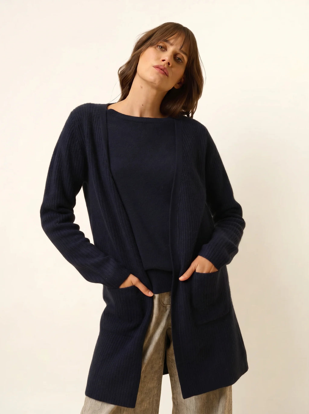 BRAEMAR Veste Longue Ouverte 4 Fils Bleu Marine