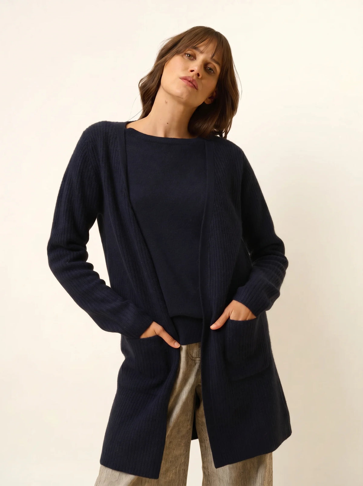 BRAEMAR Veste Longue Ouverte 4 Fils Bleu Marine