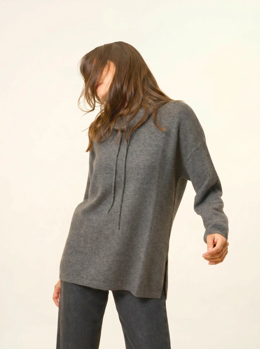 MELROSE Sweater Mock Neck Drawstring Side Slits Heather Charcoal