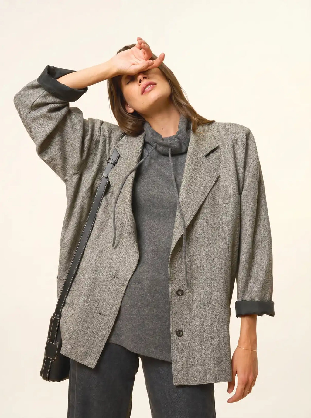 MELROSE Sweater Mock Neck Drawstring Side Slits Heather Charcoal