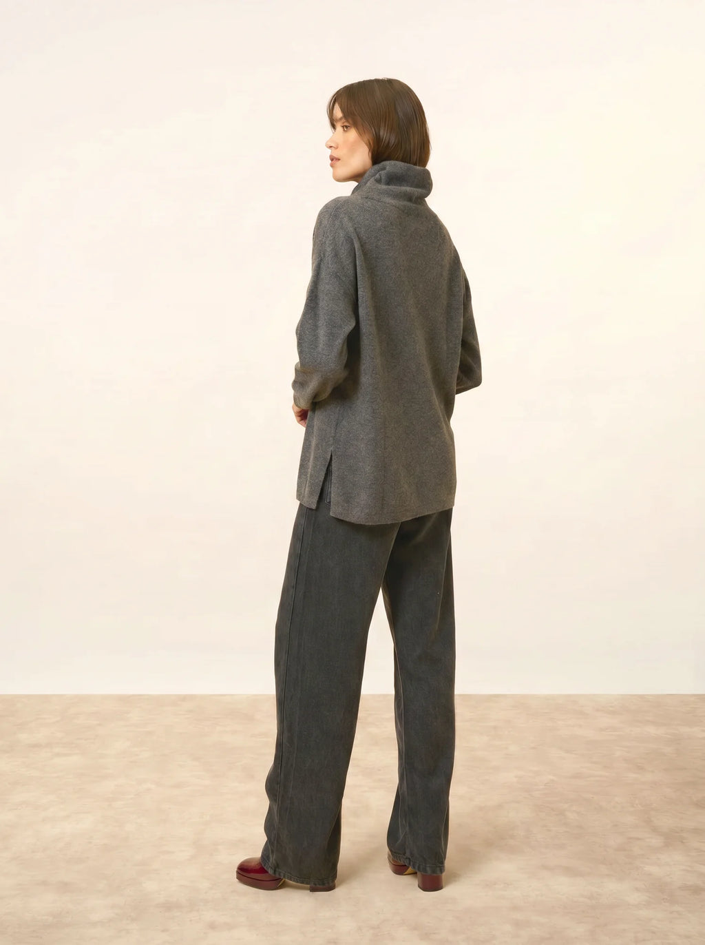 MELROSE Sweater Mock Neck Drawstring Side Slits Heather Charcoal