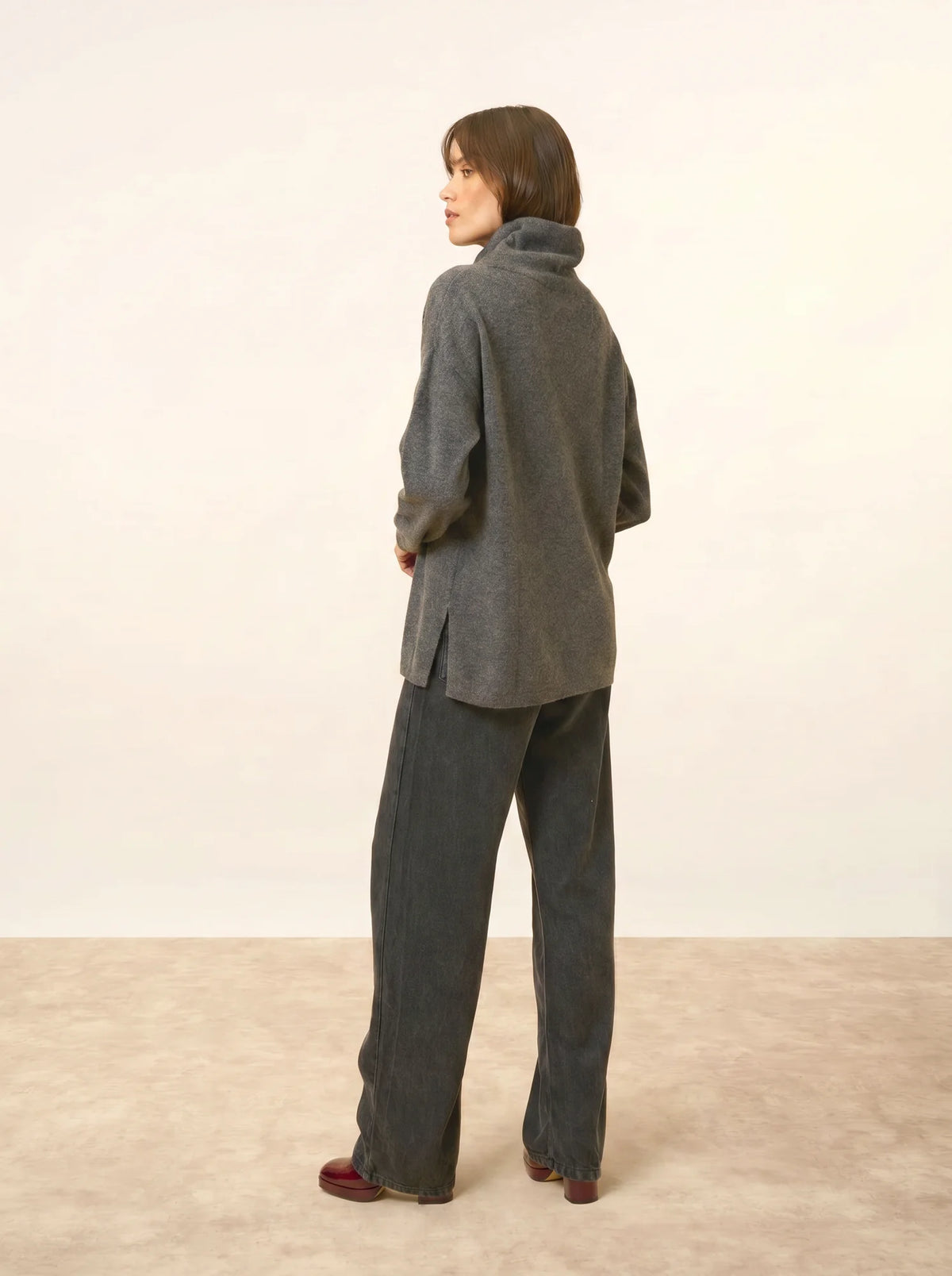 MELROSE Sweater Mock Neck Drawstring Side Slits Heather Charcoal