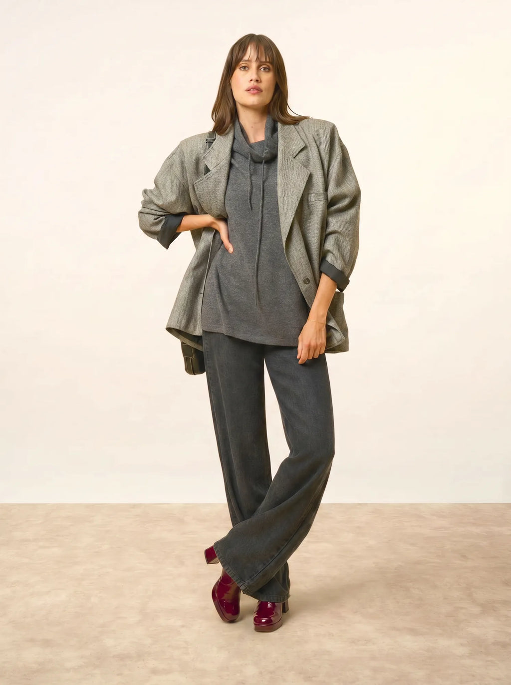 MELROSE Sweater Mock Neck Drawstring Side Slits Heather Charcoal
