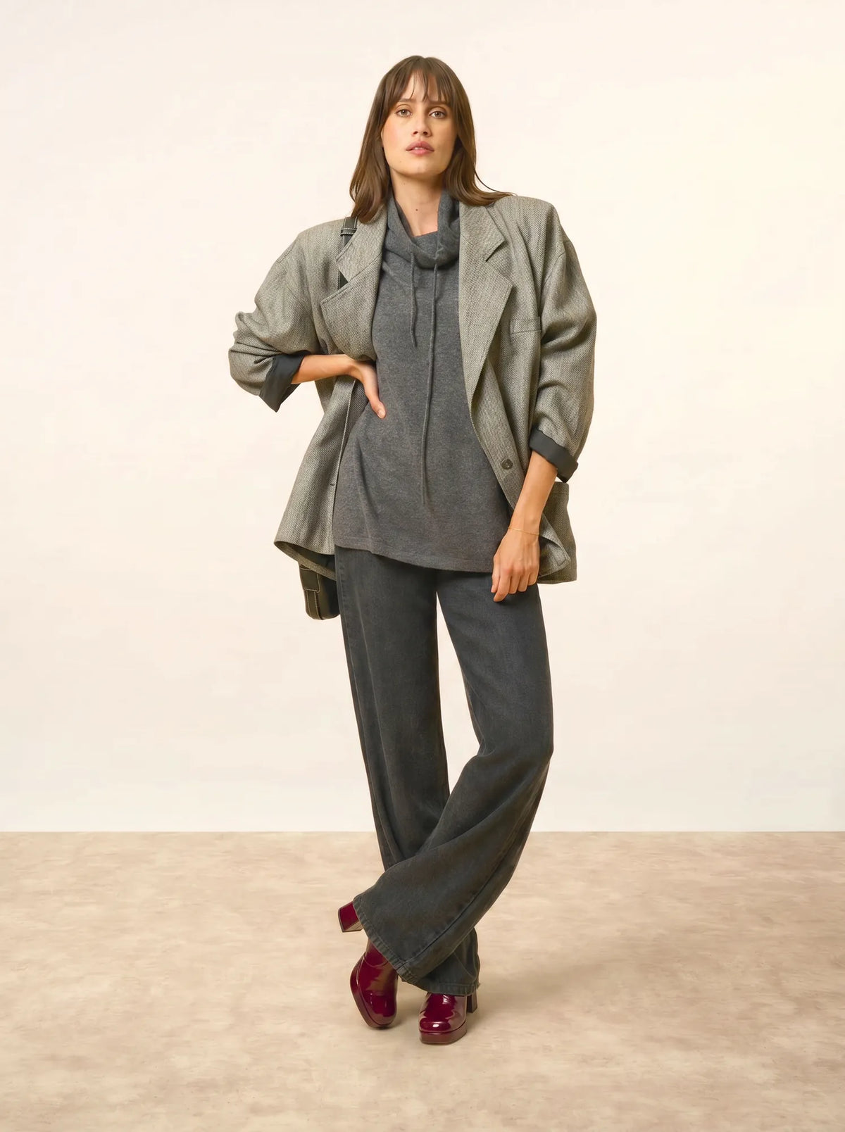 MELROSE Sweater Mock Neck Drawstring Side Slits Heather Charcoal