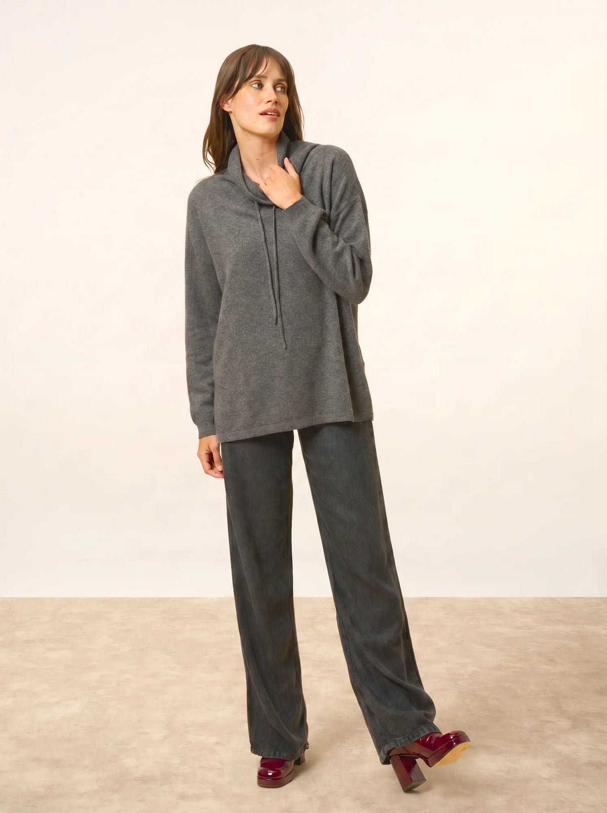 MELROSE Sweater Mock Neck Drawstring Side Slits Heather Charcoal