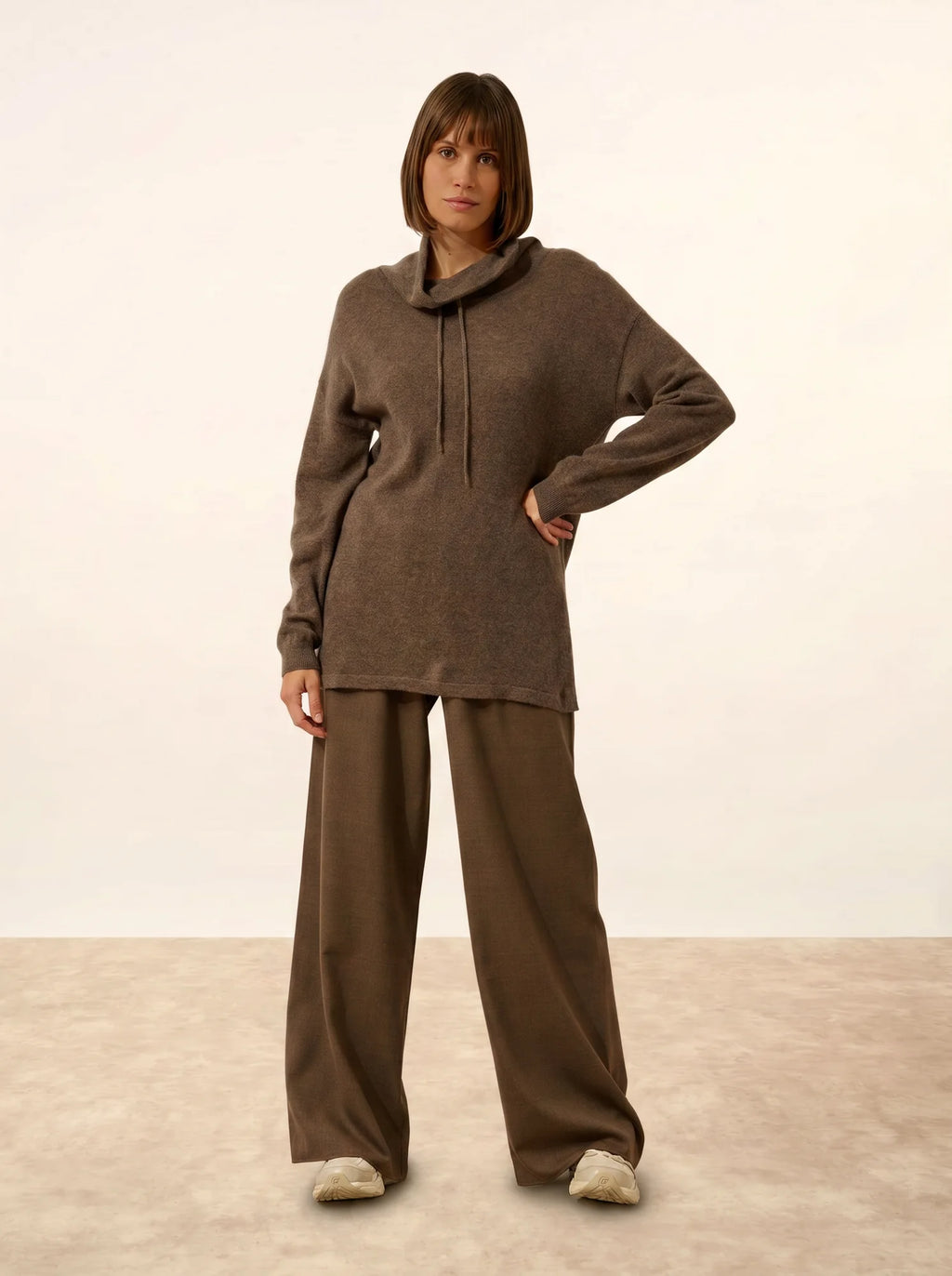 MELROSE Pull Col Montant Cordon Coulissant Fentes Côtés Taupe Chiné